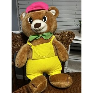 Nanco Plush Teddy Bear Brown 22 in Yellow Overalls Pink Hat Vintage 1990